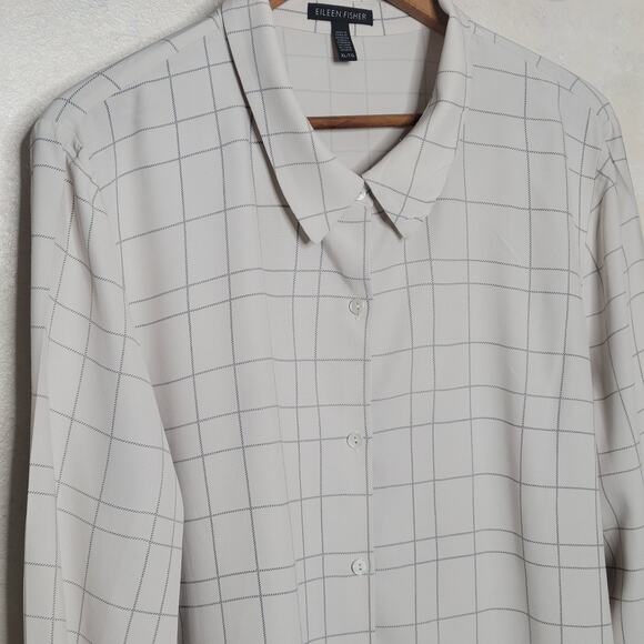 Eileen Fisher Windowpane Ivory Point Collar Lightweight Button Down Shirt✨️XL - Picture 3 of 10